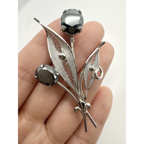 VINTAGE Signed Sorrento Sterling Silver & Hematite Brooch Pin Flowers